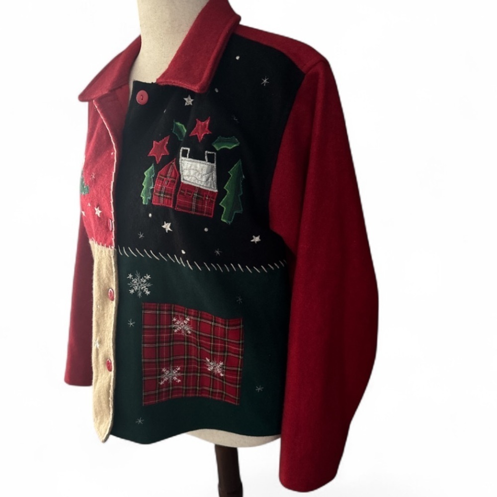 Vintage Take Two Clothing Co Patchwork Wool Blend Winter / Christmas Jacket L - Picture 3 of 11